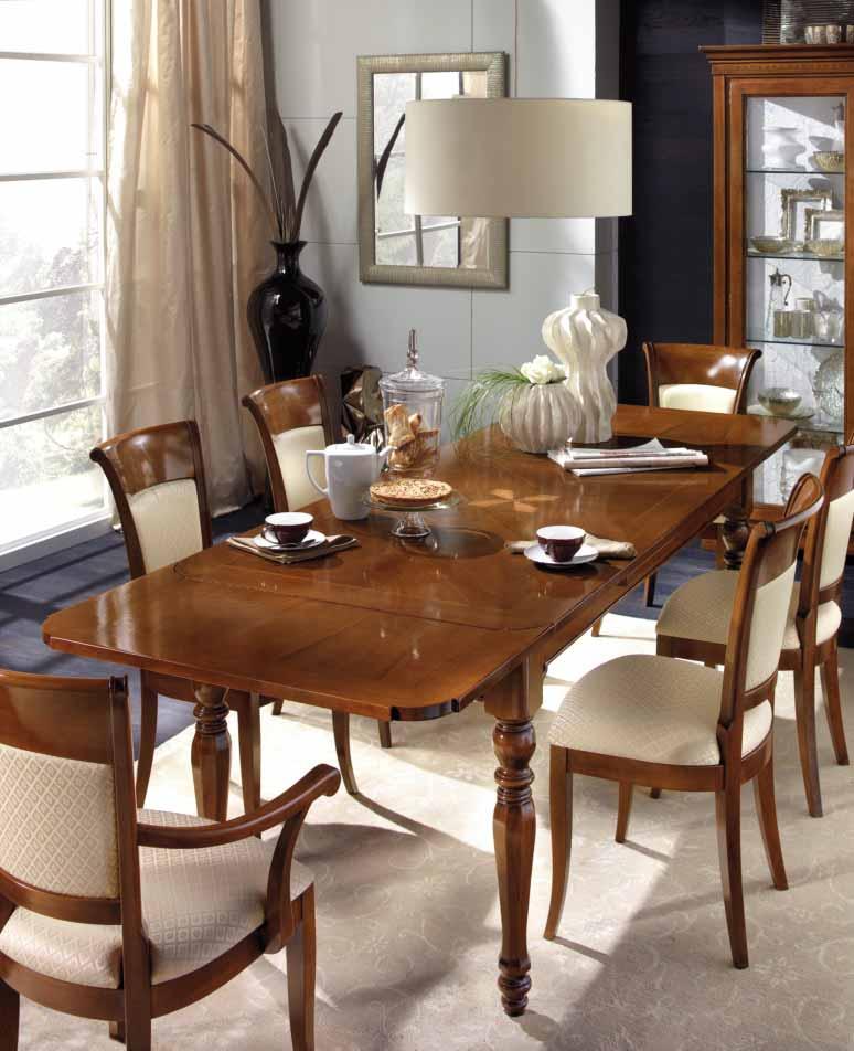 tavoli di Regina Collezione Giorno. Art. TA480A extensible rectangular table. Art. SD820TE chair with upholstered seat and fabric covered back.