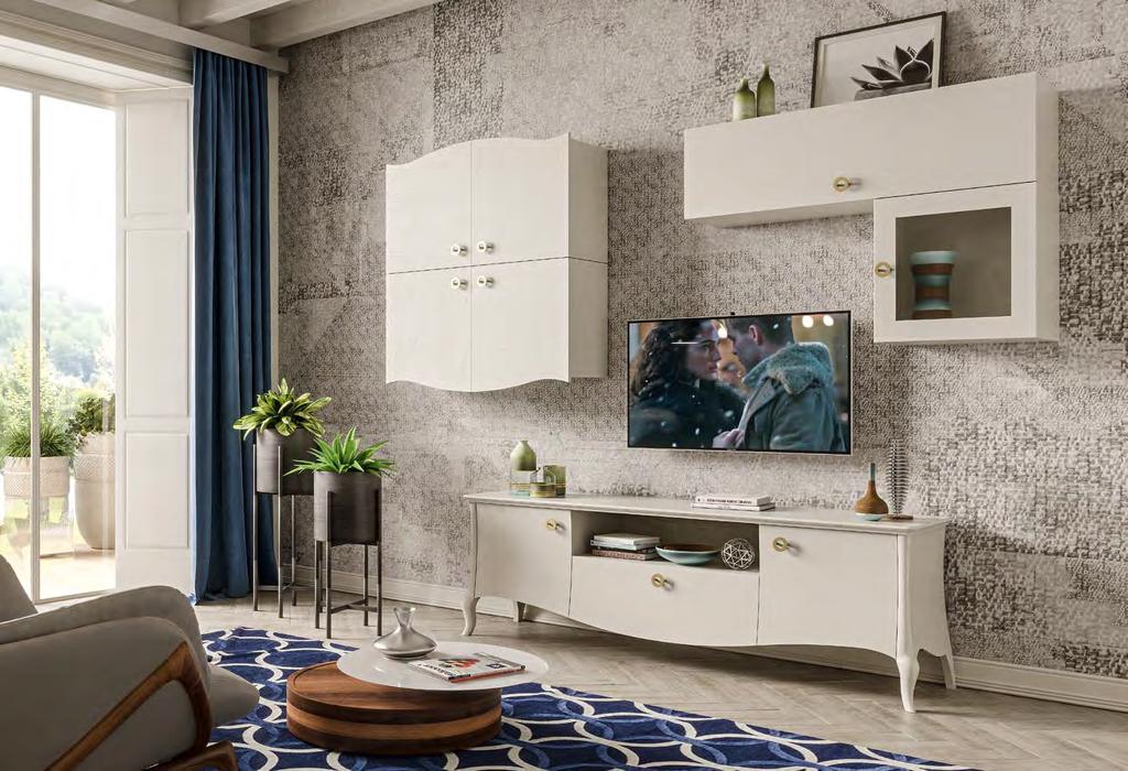 Art. 5435 Porta tv con 2 porte e cassetto TV stand L.185 P.45 H.61 cm Art. 5436 Pensile grande con 3 ripiani porta chiusa Hanging cabinet L.120 P.33 H.35 cm Art.