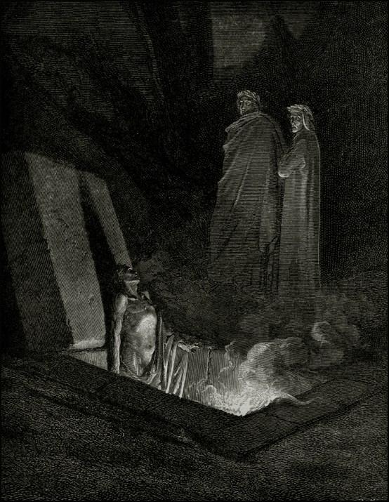 Due anime sorgono dal loro sepolcro e dialogano con Dante Sono Farinata