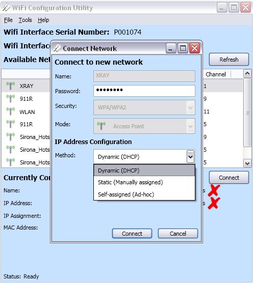 3 Configurazione Sirona Dental Systems GmbH 8. Se la rete è protetta con password, immettere la password. Scegliere il metodo di assegnazione adatto per l'indirizzo IP.
