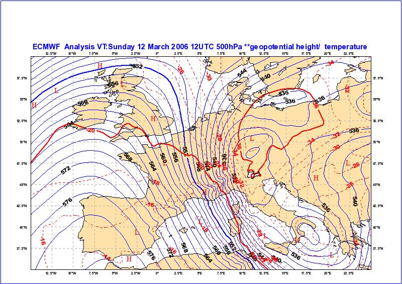 Fig. 1 Mappa di analisi di geopotenziale e temperatura a 500 hpa, ore 12 UTC 12/03/2006 ECMWF Fig.