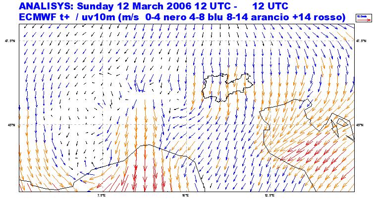 10 m (suolo) Fig. 4 Mappa di analisi della copertura nuvolosa totale, ore 12 UTC 12/03/2006 ECMWF I dati di vento osservati In tab.