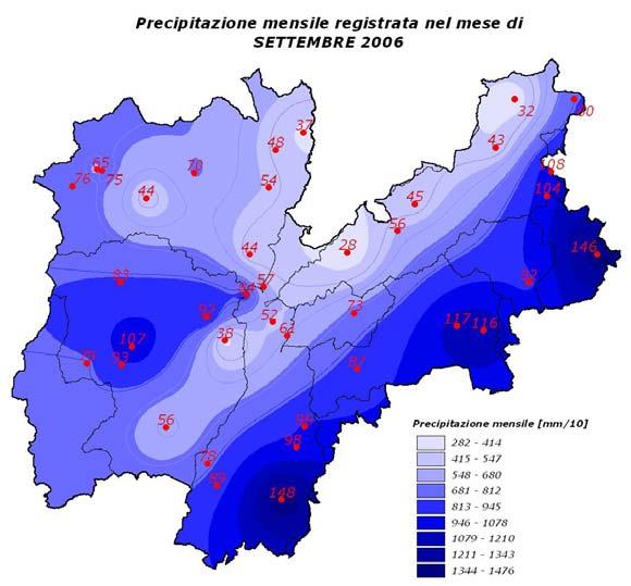 Fig. 5 I valori mensili di pioggia osservati nelle principali stazioni di rilevamento sono riportati in fig.