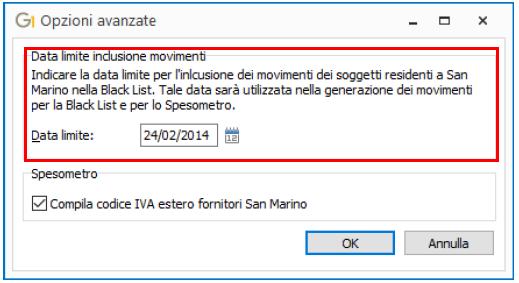 Figura 8 Finestra Opzioni avanzate dei Parametri Spesomestro, Black List, San Marino N.B. Come documentato nelle precisazioni del sotto-paragrafo 1.