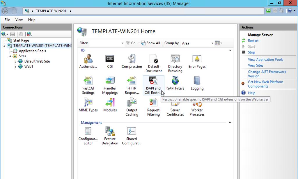 11. Cliccare sul server IIS (in questo caso TEMPLATE-WIN201) e poi fare doppio clic su ISAPI and CGI Restrictions 12.