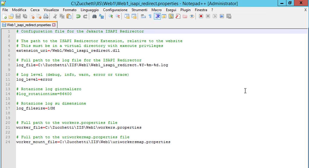 4. All interno della sottocartella creare il file uriworkersmap.properties e compilarlo con i dati opportuni 5. All interno della sottocartella creare il file Web1_isapi_redirect.