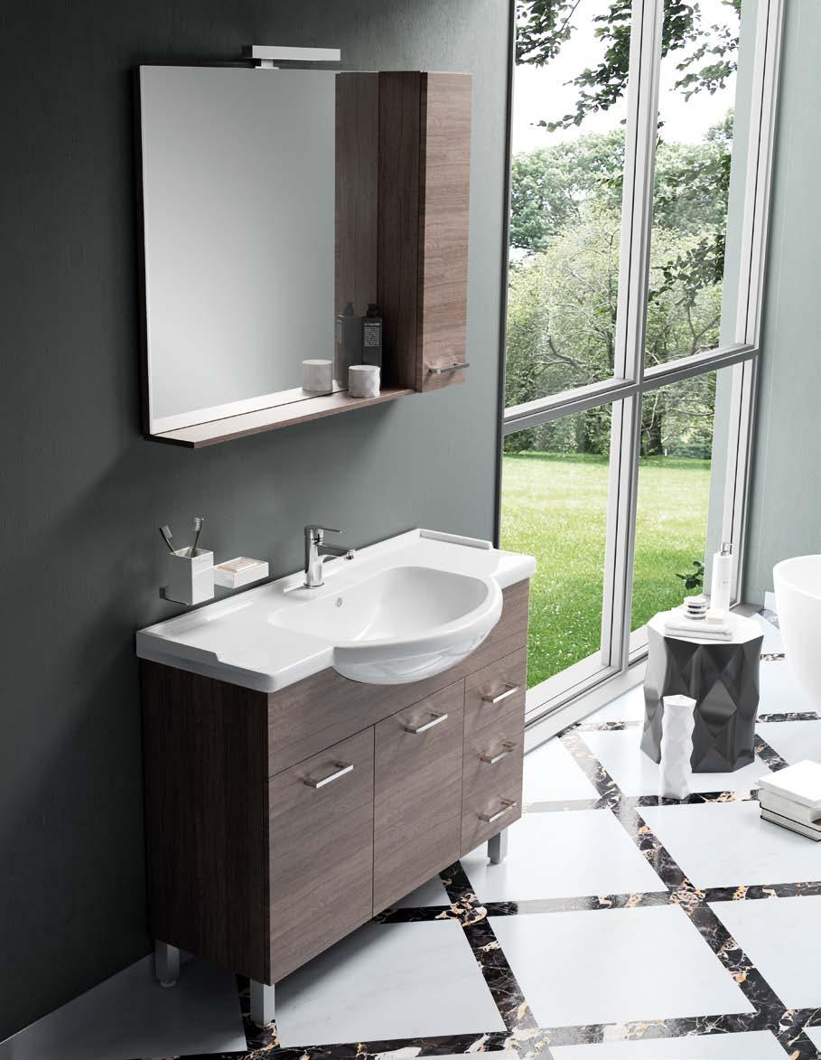 lavabo in ceramica, specchio con contenitore e mensola, anta