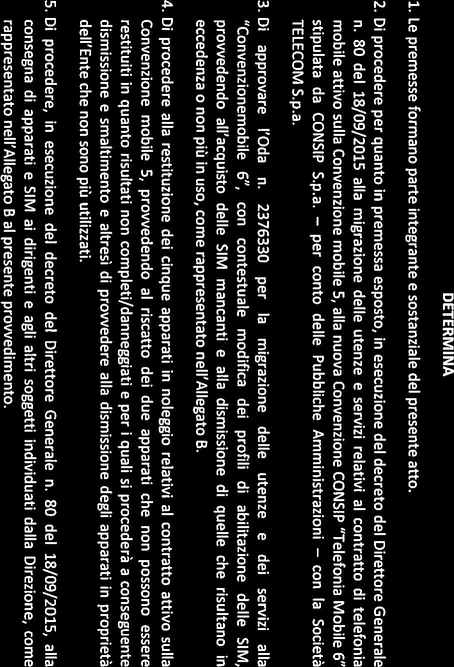 RITENUTO opportuno, con il presente provvedimento emettere un ordinativo di fornitura nei confronti di Telecom Italia Spa, alfine di attivare e configurare nella nuova convenzione Consip di Telefonia