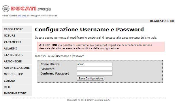 Selezionando il menu AUTENTICAZIONE è possibile visualizzare la pagina di modifica Password e Nome utente.