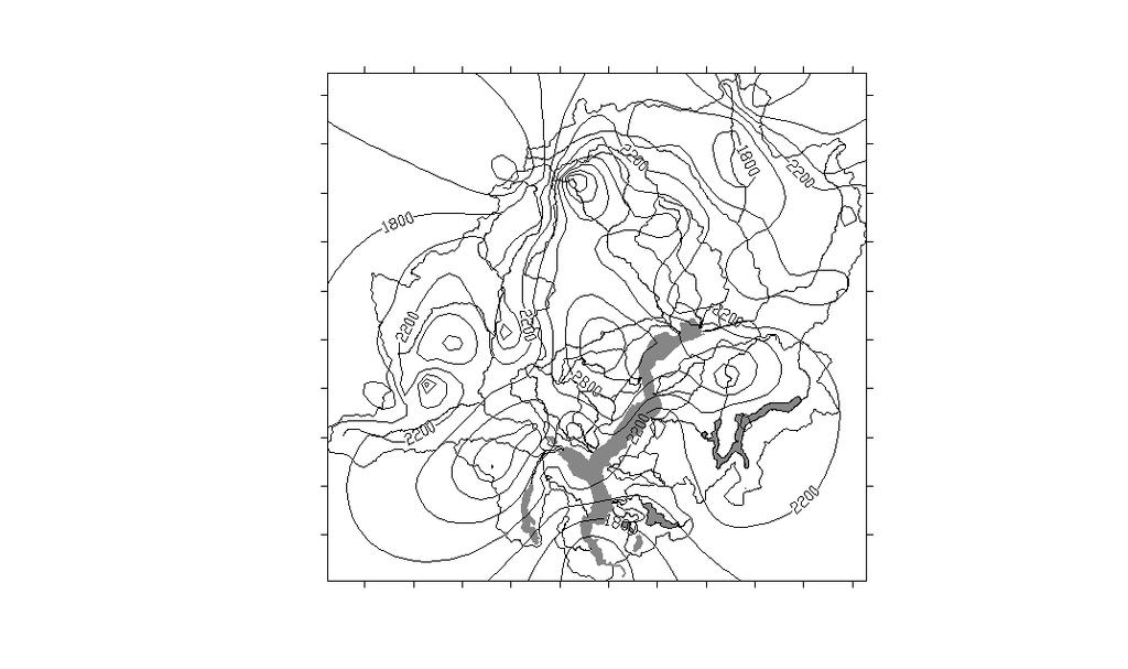 Fig. 2.1.1b. Lago Maggiore 2000. Carta delle isoiete annue (mm).