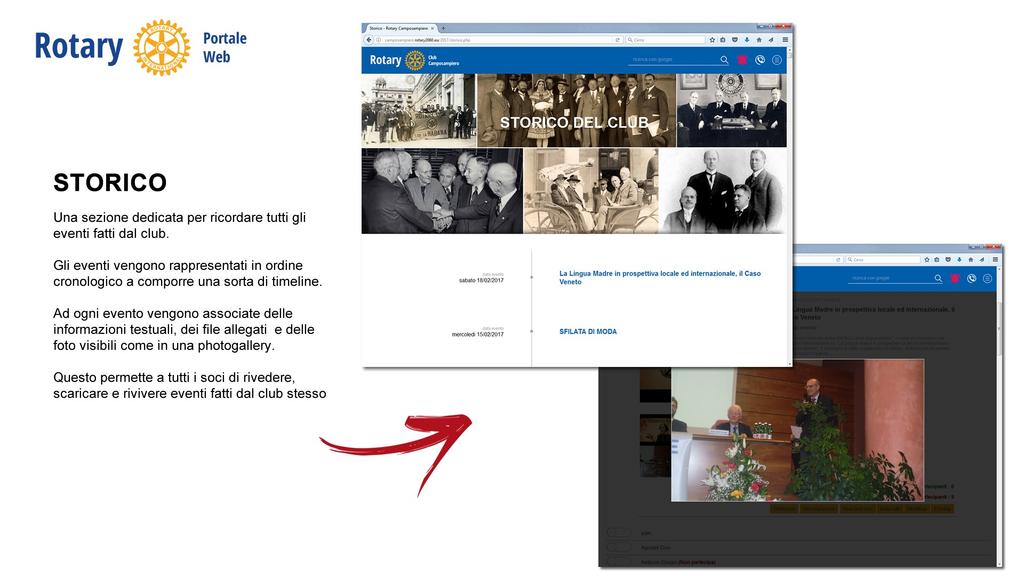 STORICO Una sezione dedicata per ricordare tutti gli eventi fatti dal club. Gli eventi vengono rappresentati in ordine cronologico a comporre una sorta di timeline.