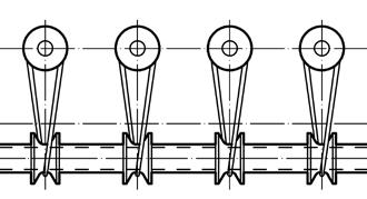 The carrying rollers (RP) with grooves are driven by toroidal belts (CT), connected to a control shaft (AC), positioned lengthwise under the roller track.