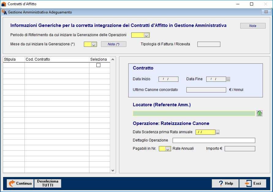 INTEGRAZIONE MASSIVA DEI CONTRATTI IN GESTIONE AMMINISTRATIVA Schermata che permette all'utente di selezionare i contratti da integrare nella gestione amministrativa e completarli dei campi che