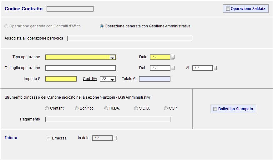 Qui l'utente ha la possibilità di selezionare il locatore e i contratti a cui è collegato, nel caso di ingresso con filtro l'utente potrà modificare il Locatore ma non il contratto.