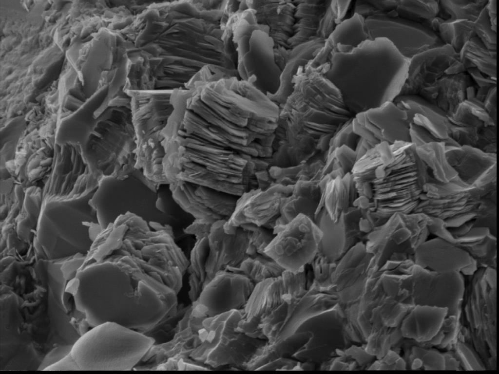 Caolinite: lamelle osservate al SEM 10 mm "Pacchetti" di caolinite fotografati al SEM (microscopio elettronico a scansione SEM Philips 515b, Lab.