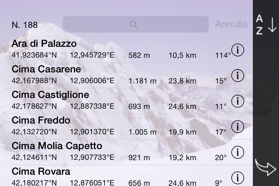 Lista delle vette Questa pagina visualizza una lista di tutte le vette circostanti la posizione attuale dell utente (o quella di simulazione) entro due raggi (minimo e massimo) definiti nella barra