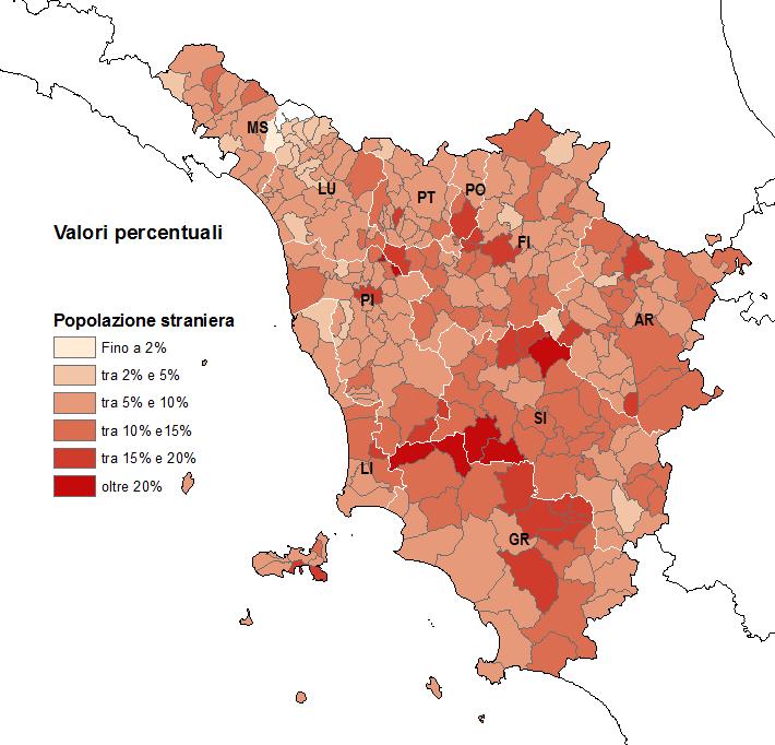 18,8%), mentre la provincia in cui pesa meno la presenza straniera è Massa-Carrara (6,9%). La componente femminile è maggioritaria in tutte le province (53,9% la media regionale).