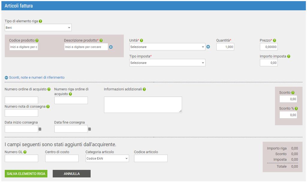 Se è necessario aggiungere imposte sulla fattura o sulla nota di credito, selezionate il tipo di imposta dal menu a discesa.