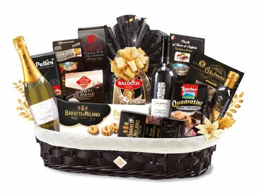 Cesti Natalizi Black King 35,90 Panettone senza canditi incartato a mano Balocco g 500, Spumante dolce I Gioielli Losito e Guarini cl 75, Tavoletta cioccolato extra fondente 88% Baratti & Milano g