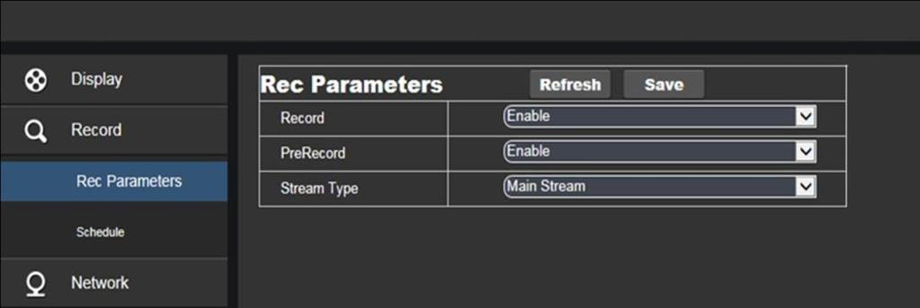 5. Impostazione registrazione 5.1 Configurazione Registrazione Cliccare sul tasto Registrazione per accedere alla pagina mostrata sotto: 5.1.1. Parametri Rec Regitrazioni (Record): Abilita o disabilita la registrazione.