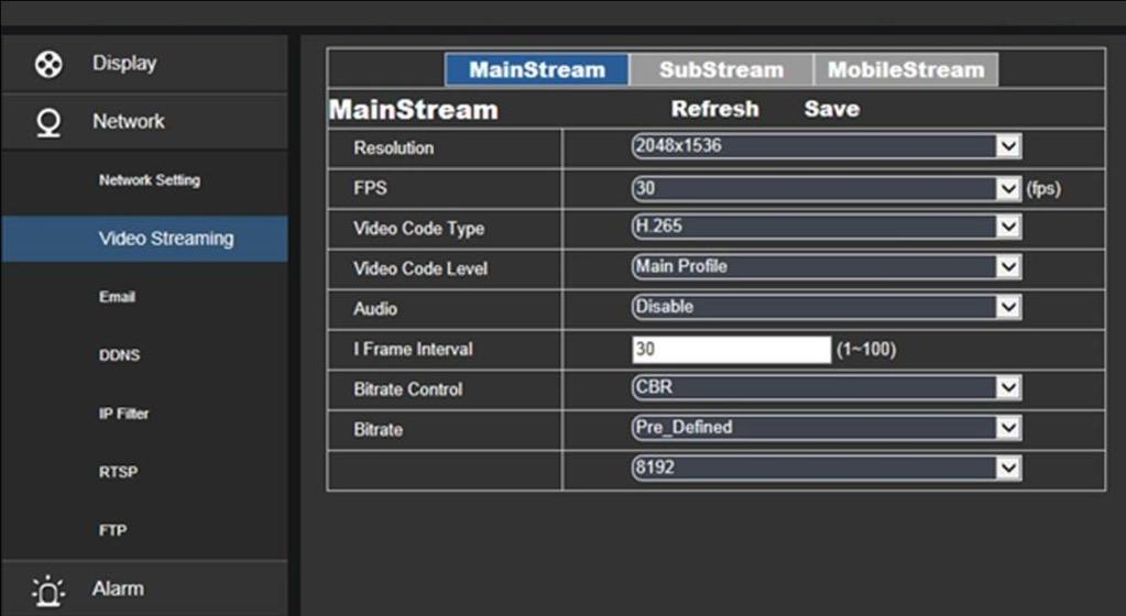 Tutti i parametri di seguito descritto potranno variare in funzione della telecamera utilizzata. Risoluzione (Resolution): Selezione della Risoluzione. FPS: Frame per Second: Framerate.