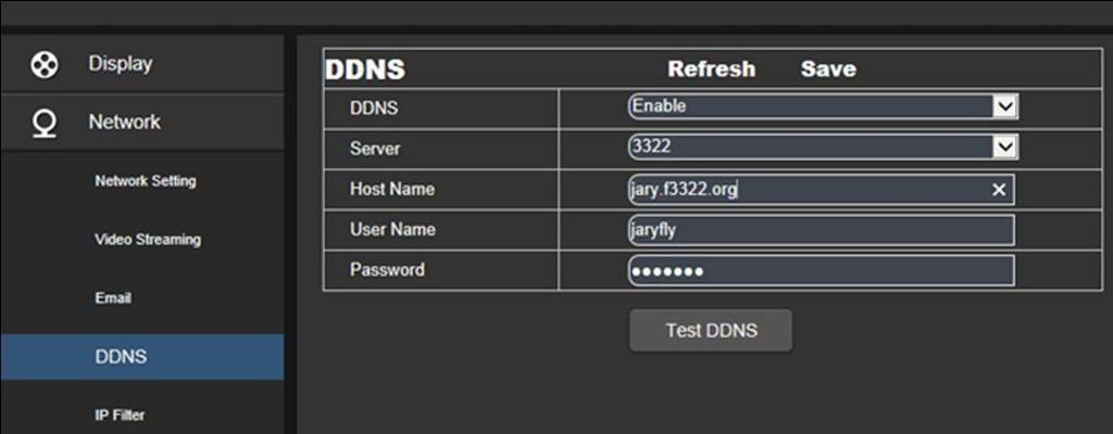 Server: Indirizzo del Server DDNS. Host name: Nome dominio registrato sul server DDNS. Username: Nome Utente registrato sul server DDNS.