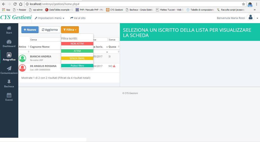 4. Anagrafica In Anagrafica è possibile INSERIRE i dati di nuovi utenti, CONSULTARE, MODIFICARE o CANCELLARE i dati degli utenti già iscritti, compreso ESPORTARE, MODIFICARE, CANCELLARE UNO STORICO