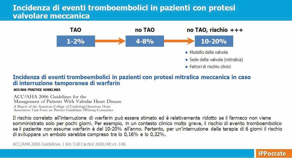 L incidenza di eventi tromboembolici in pazienti con protesi valvolari meccaniche è pari all 1-2% per anno in corso di TAO e al 4-8% per anno in sua assenza, con picchi fino al 10-20% per anno in