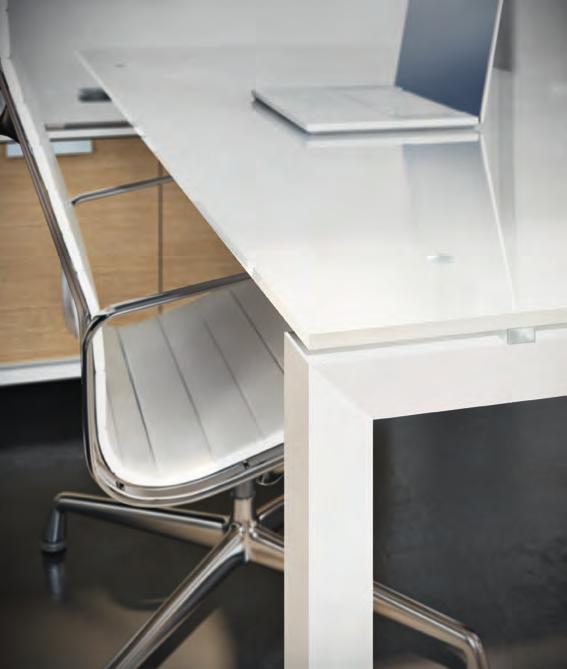 top. _ Directional desk with side cupboard unit. Closed portal legs. Metal parts in white finishing, light oak melamine.