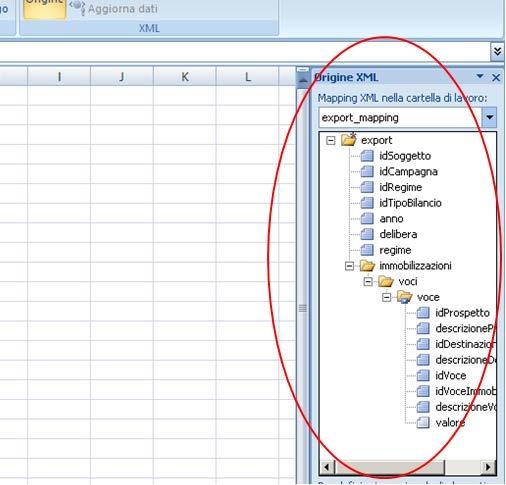 11) Nella finestra laterale comparirà la struttura del file XML che si vuole gestire: - Dalla struttura (evidenziata in rosso nell immagine), trascinare il tag idsoggetto nella cella A1 - Trascinare