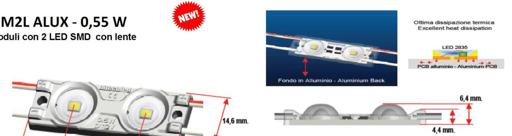 HM2L ALUX - 0,55 W Moduli con 2 LED SMD con lente MODELLO HM50LA-2W12 (bianco) HM50LA-2NW12 (bianco naturale) HM50LA-2NW12 (bianco caldo) HM50LA-2R12 (Rosso) HM50LA-2G12 (Verde) HM50LA-2B12 (Blu)