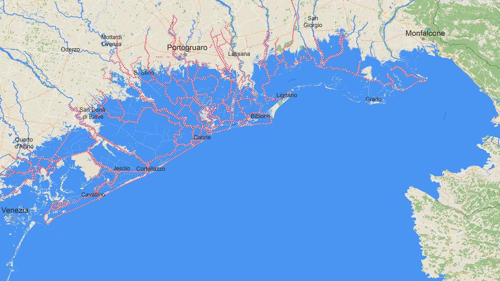 VENETO ORIENTALE E LAGUNA DI GRADO - Estensione degli allagamenti conseguenti al cedimento e/o al sormonto delle difese nei punti più deboli per un colmo di