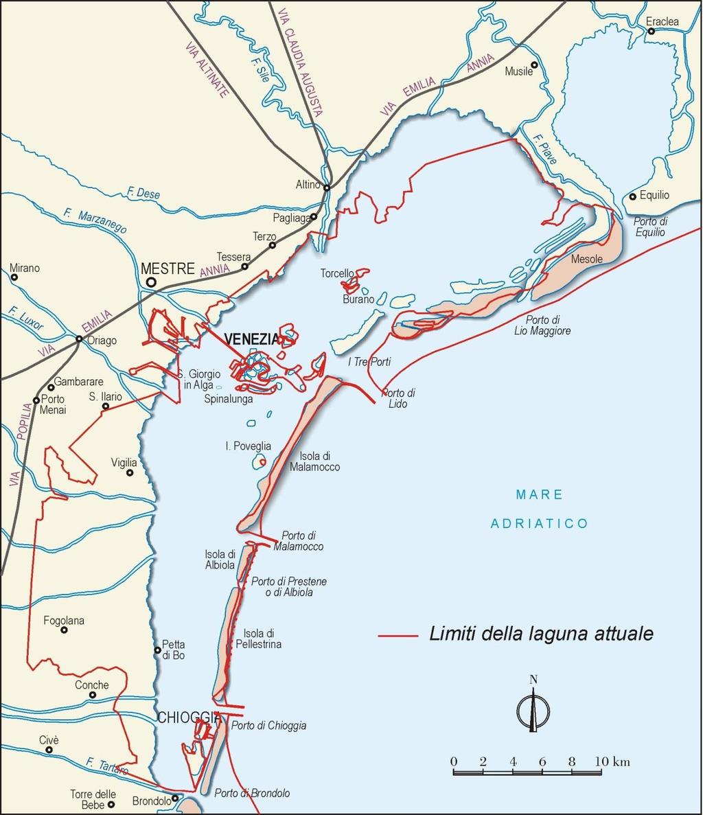 Laguna intorno all anno Mille Confronto con i limiti della laguna attuale Una recente immagine satellitare della laguna di Venezia Nella situazione attuale, problemi molto