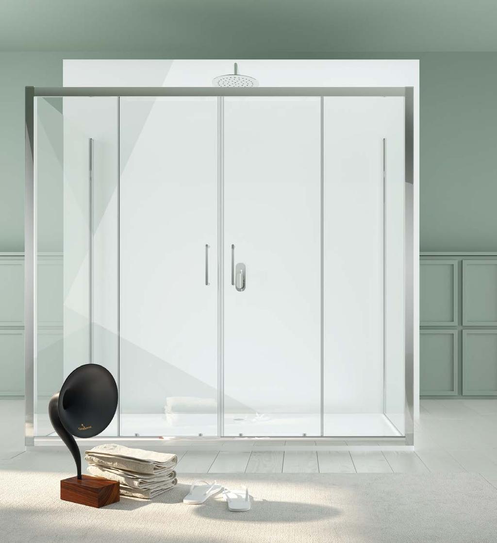 PRODOTTI. PRODUCTS PORTA DOPPIO SCORREVOLE - TRASPARENTE + STAMPATO Q DOUBLE SLIDING DOOR - CLEAR GLASS + CLOTH GLASS VENERE doppio scorrevole tra 2 muri VENERE 2.