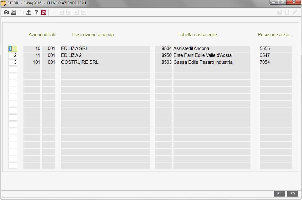 4.1.1.3 Elenco aziende edili Visualizza l elenco delle aziende edili presenti in archivio, per le quali risulta compilato il campo Tabella cassa edile nella scheda Enti di AZIE.