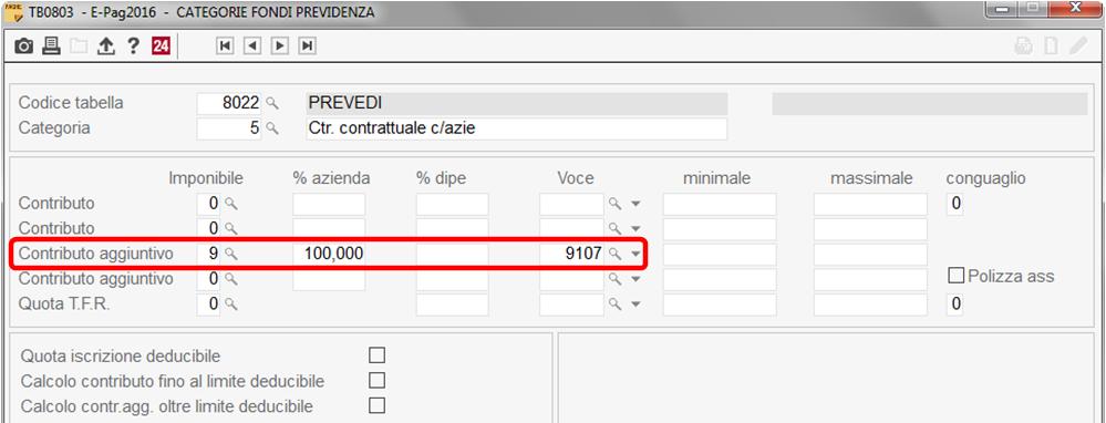 seguenti caratteristiche: Imponibile pari a 9 (imponibile formato da voce); % azienda pari a 100; nel campo Voce indicare il codice della voce di calcolo da utilizzare come base per il calcolo del