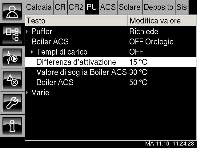 Differenza d attivazione con il puffer combinato Puffer Puffer Parametro "Differenza d'attivazione" Nel puffer combinato questo parametro regola di quanto la temperatura attuale del "boiler ACS" può