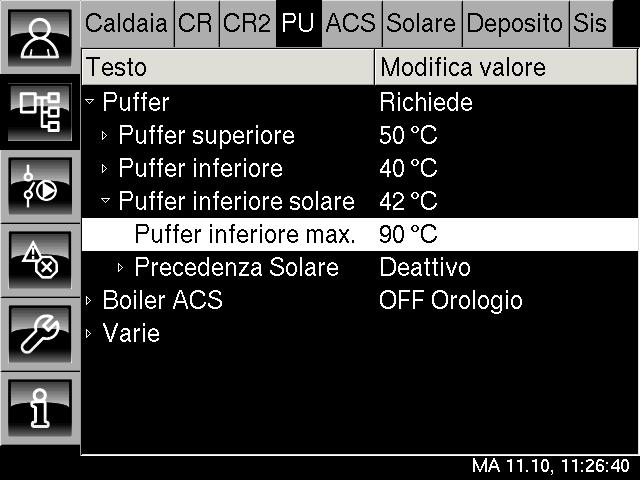 Puffer Puffer inferiore max. nell impianto solare Temperatura di disattivazione "Puffer inferiore max." (solo negli impianti solari) La temperatura di disattivazione "Puffer inferiore max.