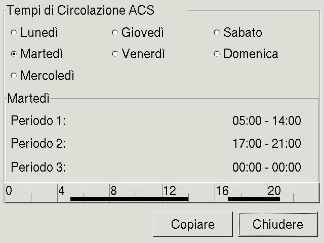 Modulo ACS Orari di disponibilità della pompa di circolazione Selezionare i giorni della settimana desiderati o [Tutti] sfiorandoli e premere il tasto.