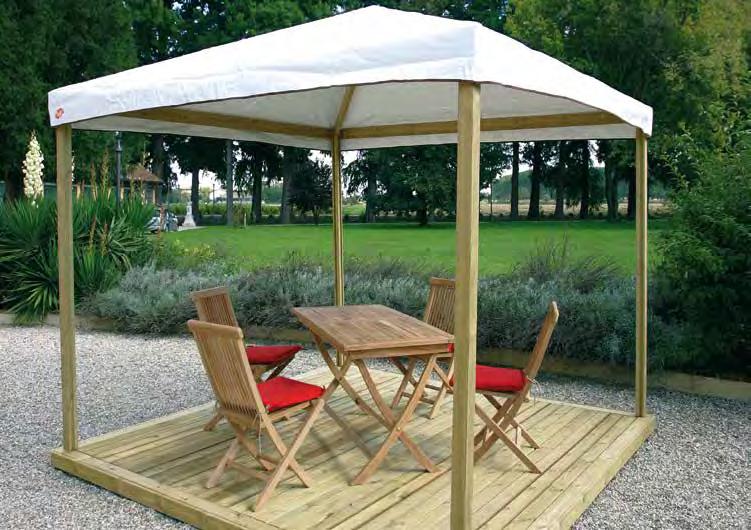 STRUTTURE Gazebo Joy Pocket New 4 Pali di dimensione 7x7x210 cm Travi perimetrali e di copertura di sezione 3,5x cm 8 saette di rinforzo 7x7x60 cm Chiave di colmo 7x7x16 cm Tutto il legno è in pino