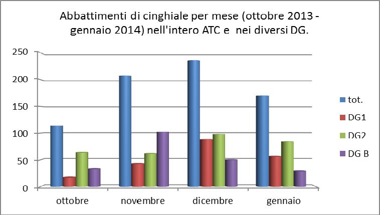 5.2.2 Cinghiali abbattuti Per quanto riguarda il numero di abbattimenti nel tempo, il mese di dicembre è quello che registra i maggiori valori numerici e percentuali.