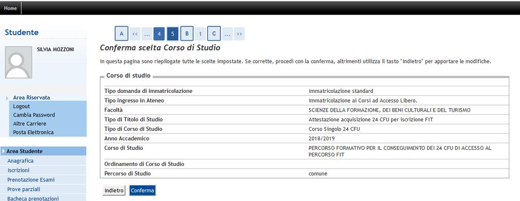 corso di studio o il percorso), utilizzando le icone presenti sopra ogni sezione (come evidenziato nella figura seguente).