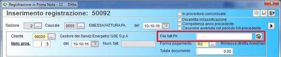 2 Associazione della fattura in prima nota. Nella registrazione della fattura emessa al GSE è possibile associare il file.