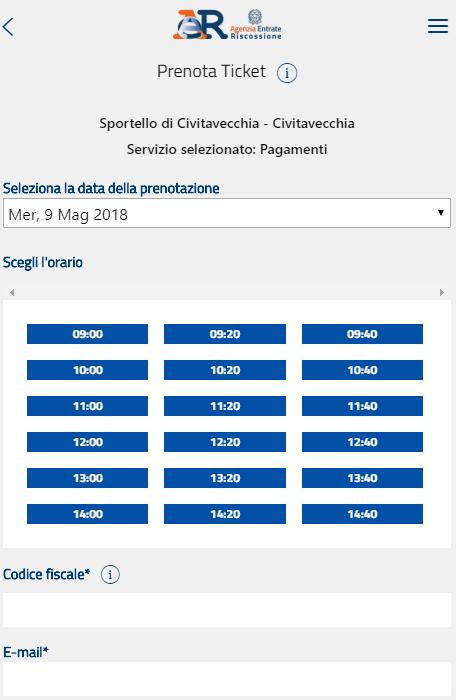 Prenota ticket - scelta del giorno e dell orario Seleziona dal menù a tendina il giorno di interesse.