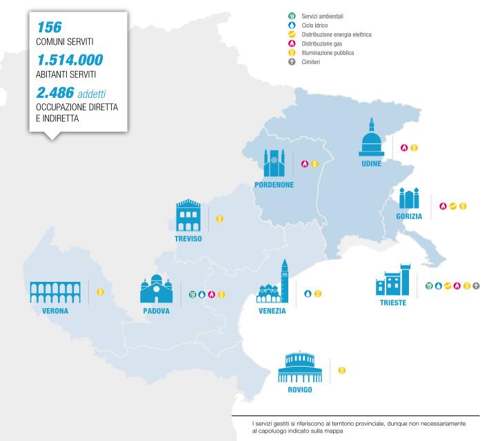 UN MILIONE E MEZZO DI CLIENTI AcegasApsAmga offre servizi di primaria utilità in 156 comuni di Veneto e Friuli Venezia Giulia, per un bacino servito di oltre un milione di persone, Con circa 1.
