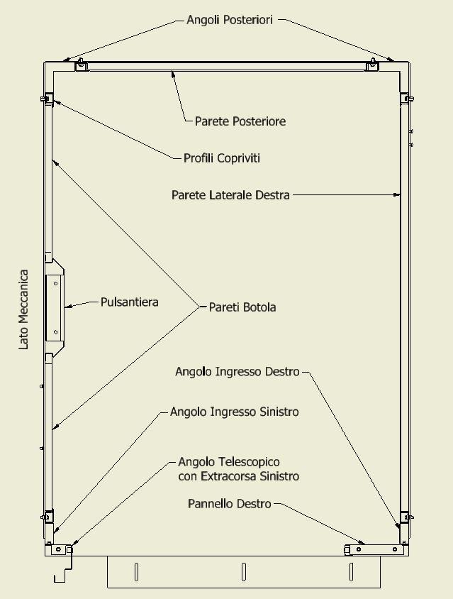 FASI DI MONTAGGIO: PEDANA PARETE LATERALE ANGOLO INGRESSO DESTRO PARETE DI FONDO PARETI BOTOLA ANGOLO INGRESSO SINISTRO PULSANTIERA TETTO PANNELLO E ANGOLO TELESCOPICO ARCHITRAVE