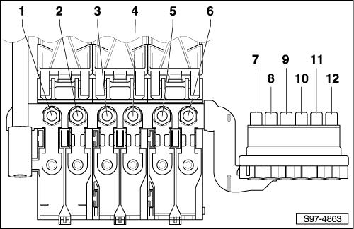 Pagina 8 di 15 Occupazione dei fusibili nella cassetta portafusibili sulla batteria 1 - Alternatore 175 A 2 - Abitacolo 110 A 3 - Ventilatore del liquido di raffreddamento 40 A 4 -