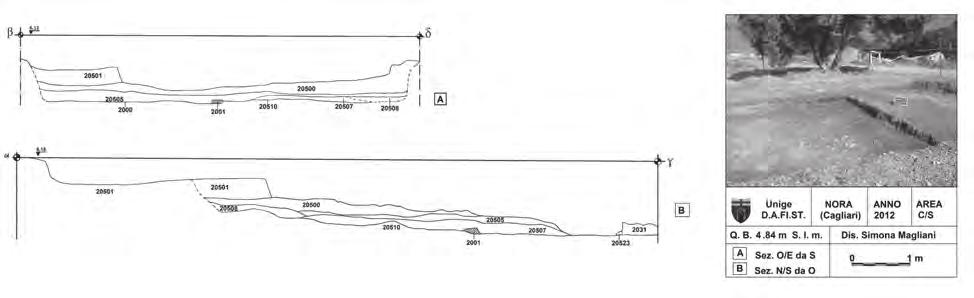 Fig. 1 - Nora, Area C/S. Inizio scavo e sezioni.