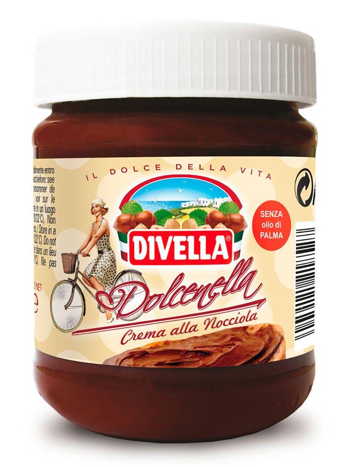 DOLCENELLA 200 g CREMA DA SPALMARE ALLE NOCCIOLE: Zucchero, oli vegetali (palma, colza e girasole), nocciole 13%, cacao magro in polvere, latte scremato in