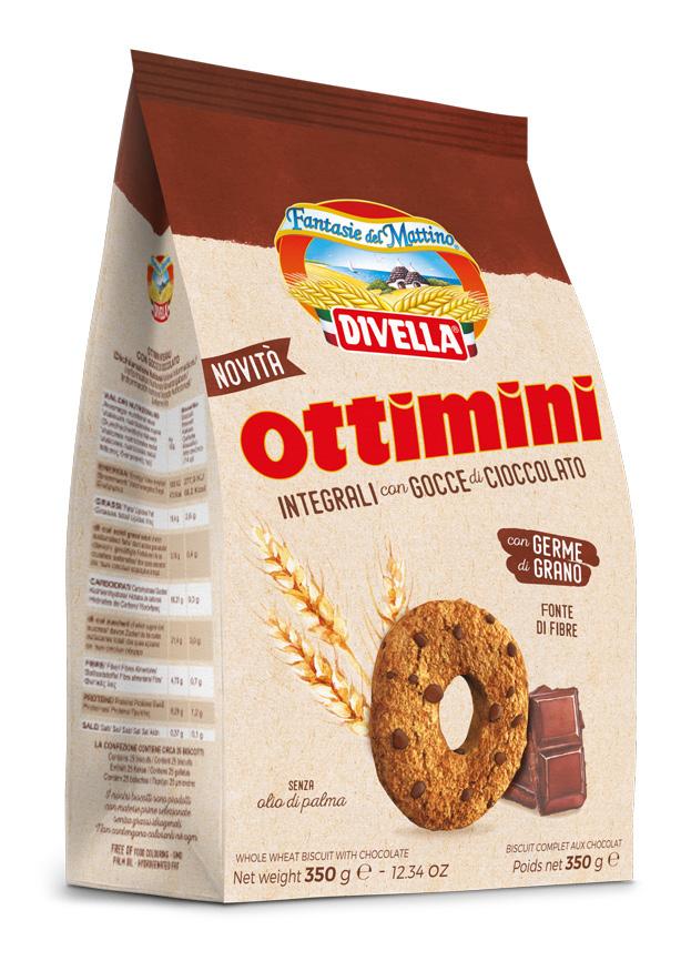 BISCOTTI OTTIMINI INTEGARLI CON GOCCE DI CIOCCOLATO 350 g BISCOTTO FROLLINO: Farina integrale di grano tenero 48%, zucchero, olio di semi di girasole, cioccolato di solo puro cacao 8% (zucchero,